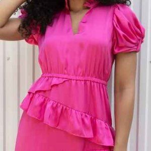 13045-S24 Raspberry Long Silk Ruffle Tier Dress by ALDEN ADAIR